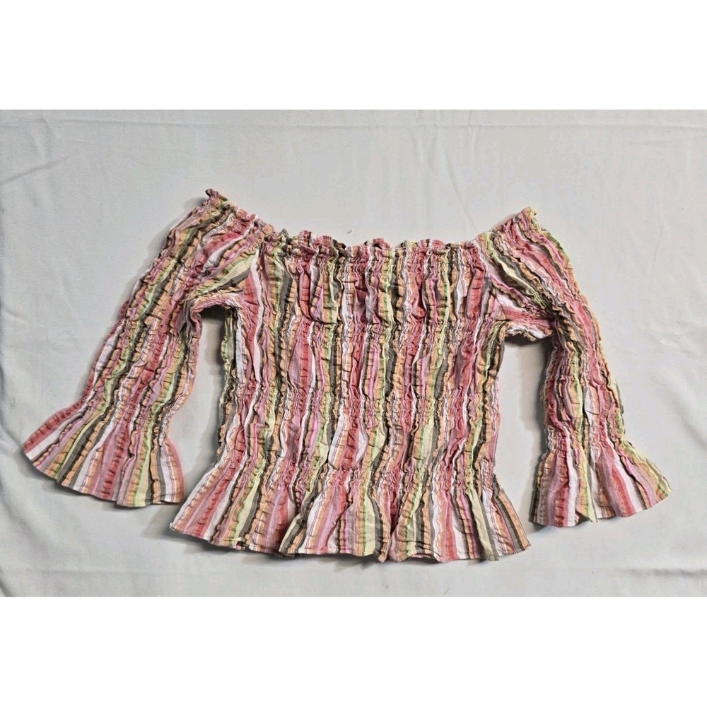 Express Y2K Women's Bell Sleeve Off Shoulders Shirt Striped Smocked 5/6